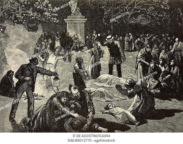 Inhabitants taking refuge in Washington Square, Charleston, earthquake in South Carolina, United States of America, engraving from L'Illustrazione Italiana