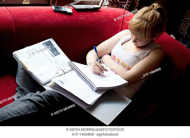 a 16 year old teenage girl revising for her GCSE examinations, Wales UK