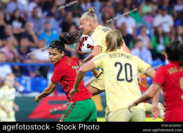 Portugal's Carole Costa and Belgium's Ella Van Kerkhoven pictured in action during a soccer game between Portugal and Belgium's national team the Red Flames in...