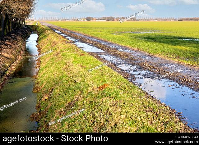 Dutch agricultural landscape with country road covered with water pools after a heavy rain shower