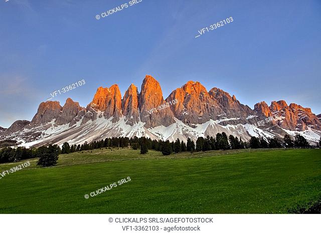 View of the peaks of the Odle from Puez Natural Park. Funes Valley. Dolomites. Trentino Alto Adige. Italy Europe