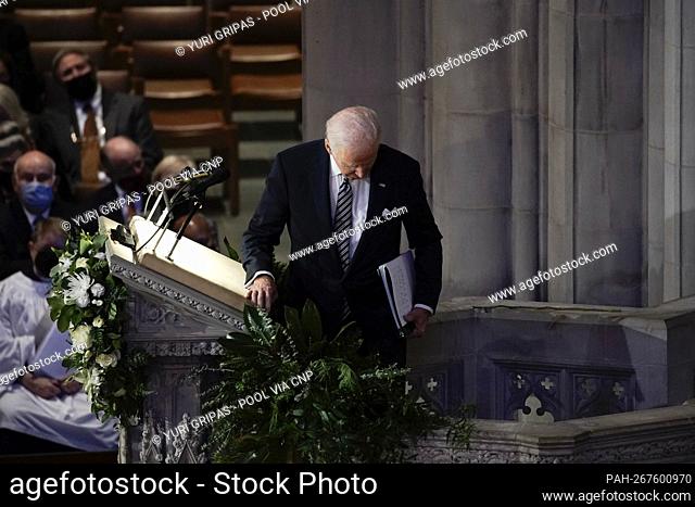 United States President Joe Biden departs after delivering a tribute at the funeral service of former US Senator Bob Dole (Republican of Kansas) at the...