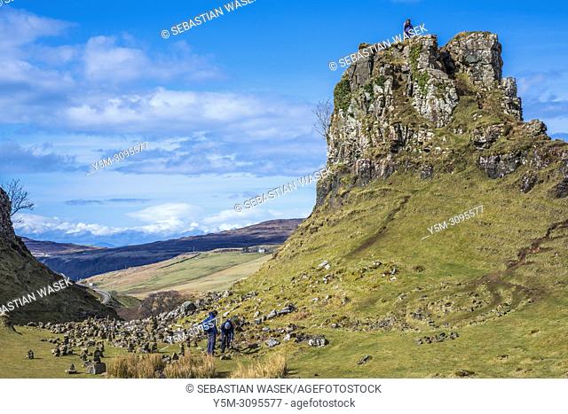 The Fairy (Faerie) Glen near Uig. A bizarre and delightful miniature landscape of grassy, cone-shaped hills on the Isle of Skye, Inner Hebrides, Scotland, UK