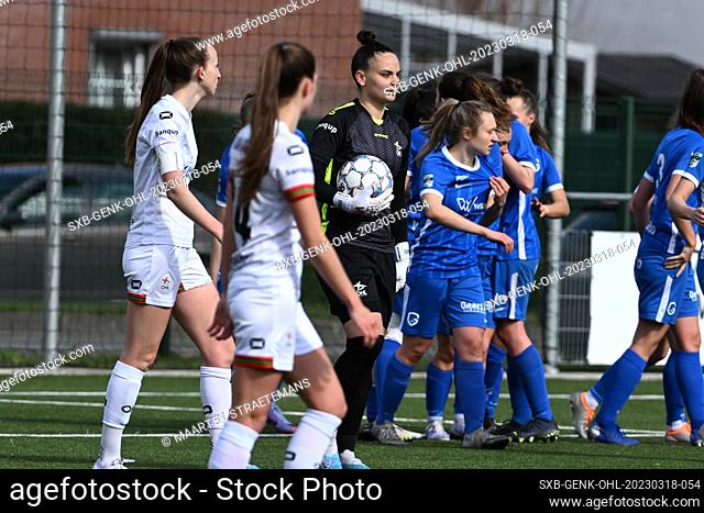 goalkeeper Nicky Evrard (1) of OHL pictured looking dejected after Genk scored the 2-0 goal during a female soccer game between Racing Genk Ladies and Oud...