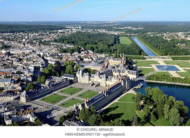 France, Seine et Marne, Fontainebleau, the royal castle listed as World Heritage by UNESCO, gardens designed by Le Notre (aerial view)