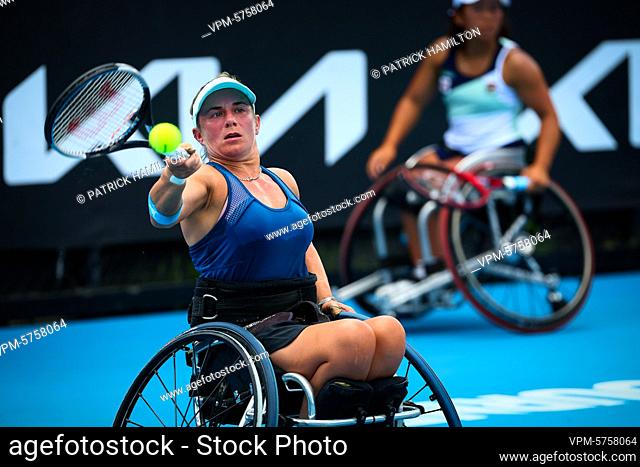 Japanese Yui Kamiji (WTA 2) and British Lucy Shuker pictured in action during the final of the women's wheelchair doubles between Dutch pair De Groot/ / Van...
