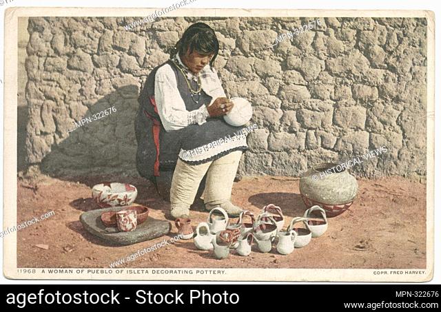 Woman Decorating Pottery, Pueblo Isleta, New Mexico. Detroit Publishing Company postcards 11000 Series. Date Issued: 1898 - 1931 Place: Detroit Publisher:...