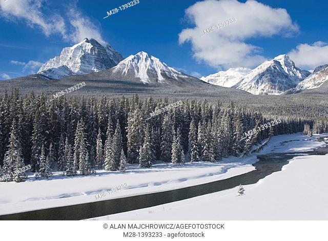 Mount Temple and the Bow River in winter, Banff National Park Alberta Canada