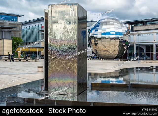 Millennium Square with the Planetarium in the form of a huge walk-in mirror ball in Bristol, England, UK