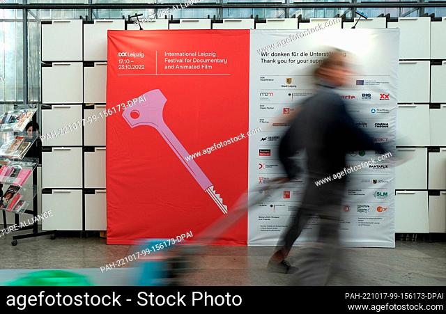 17 October 2022, Saxony, Leipzig: A poster with the logo of Dok Leipzig 2022 in the organization office of the event. The international festival for documentary...