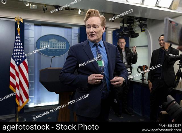 US comedian and television host Conan O'Brien speaks with members of the news media in the James Brady Press Briefing Room during a visit to the White House in...