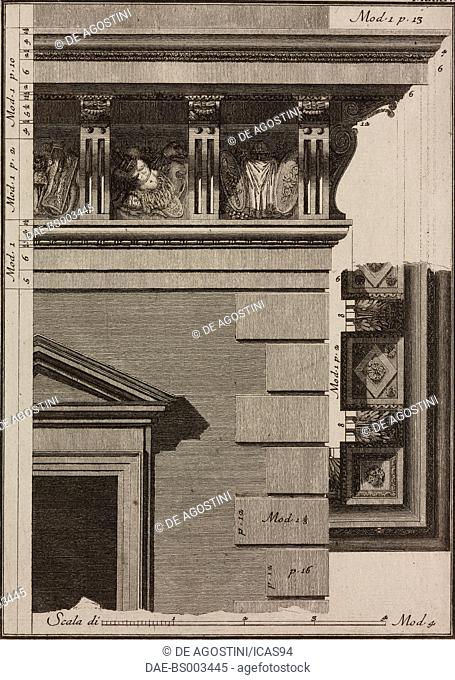 Doric-Corinthian cornice designed by Jacopo Barozzi da Vignola, engraving from Il Vignola Illustrato, by Giambattista Spampani and Carlo Antonini