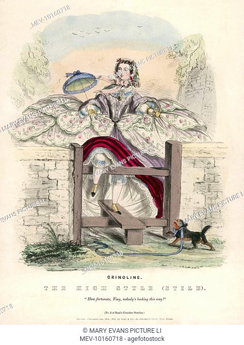 The High Style (Stile): a woman is thankful that no one is looking as she struggles over a country stile in a cage crinoline, thereby exposing her legs