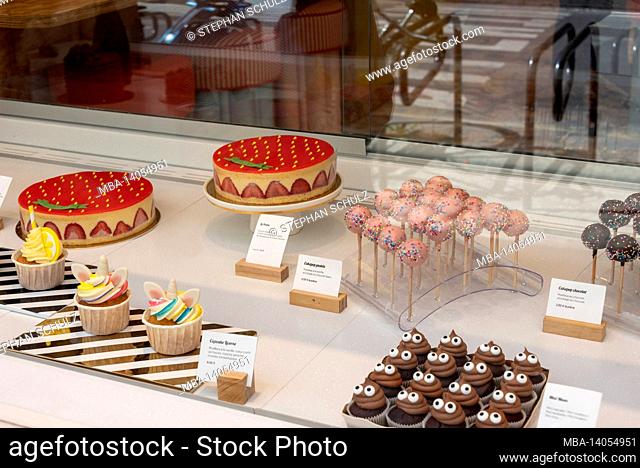 france, paris, display of a patisserie, pastry shop in paris