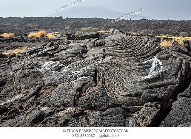 A dirt road leading to Erta Ale Volcano, a continuously active basaltic shield volcano and lava lake in the Afar Region of Ethiopia