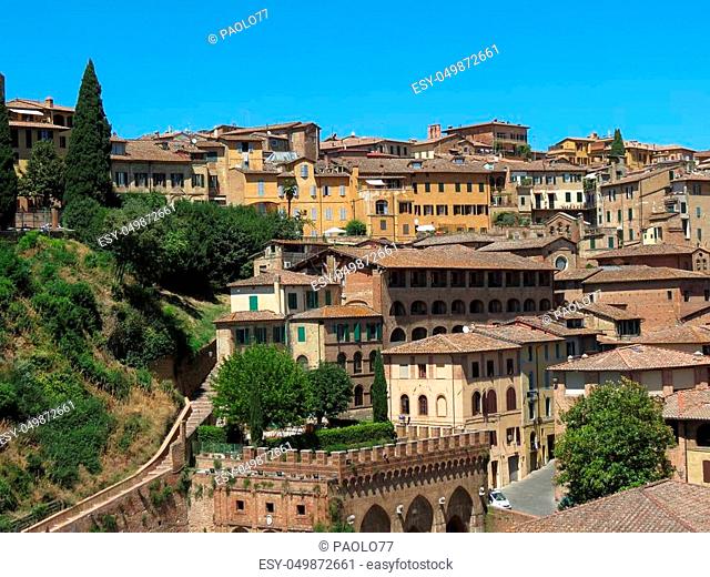 View of the old city centre in Siena, Italy, with the Fonte Branda