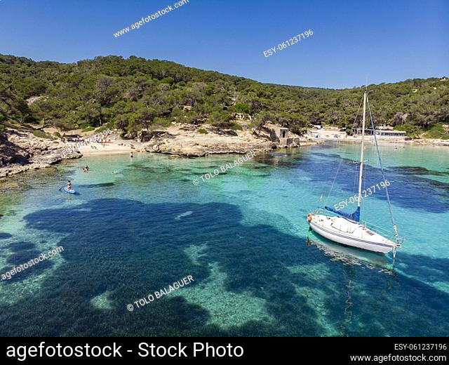 sailboat at anchor, Cala Portals Vells, Calvia, Mallorca, Balearic Islands, Spain