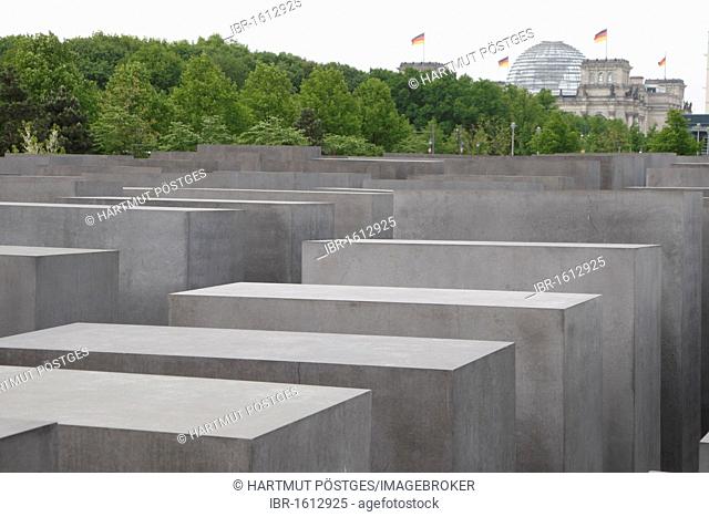Field of steles, designed by Peter Eisenman, the Memorial to the Murdered Jews of Europe, the Reichstag building at back, Bundestag, Berlin, Germany, Europe
