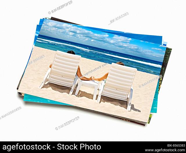 Holidays beach concept creative background, stack of vacation photos with couple on beach image on top isolated on white background