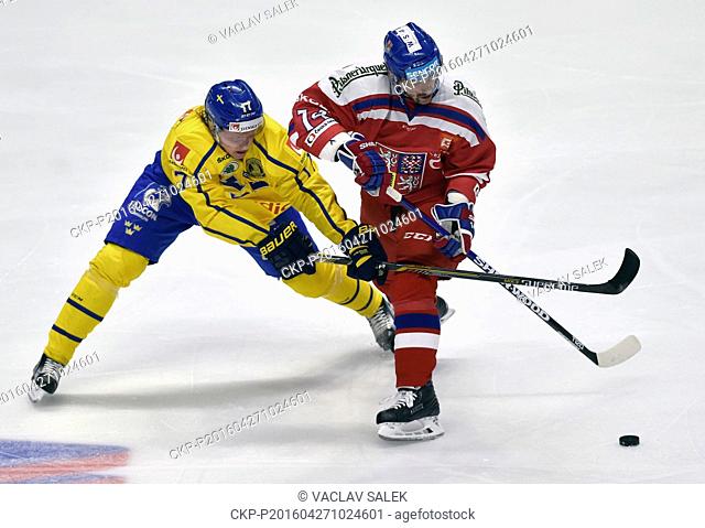 Emil Johansson (SWE), left, and Tomas Plekanec (CZE) in action during the Euro Hockey Tour series match Czech Republic vs Sweden in Znojmo, Czech Republic