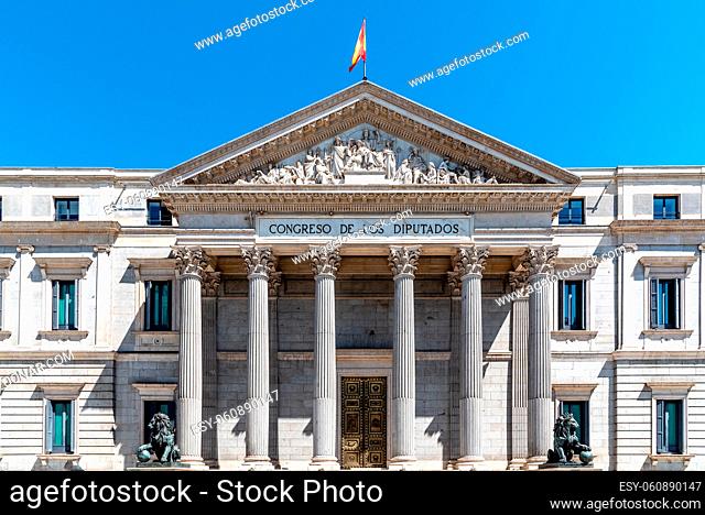 Congress of Deputies of Spain in Carrera of San Jeronimo in Madrid. Main facade. Also known as Las Cortes is the seat of the Spanish Parliament