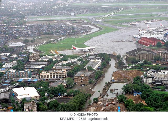 An aerial view of Mumbai's Chhatrapati Shivaji Maharaj International airport also seen of runways aircrafts parked at the premises area around airport at sahar...