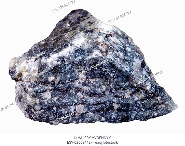 macro shooting of specimen natural rock - stibnite (antimonite) mineral stone isolated on white background