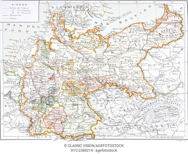 Map of Prussia and the German Empire and neighbouring countries prior to World War One. From Enciclopedia Ilustrada Seguí, published Barcelona circa 1910