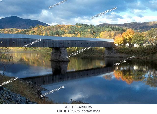covered bridge, fall, river, Windsor, VT/NH, Vermont, New Hampshire, Scenic view of the Windsor/Cornish Covered Bridge reflecting in the calm Connecticut River...