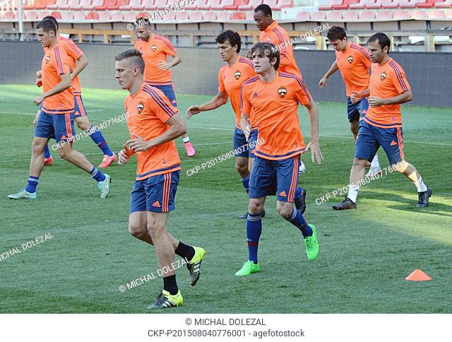 Payers of CSKA Moscow train prior to the third qualifying round of the Champions League return match between Sparta Prague and CSKA Moscow in Prague