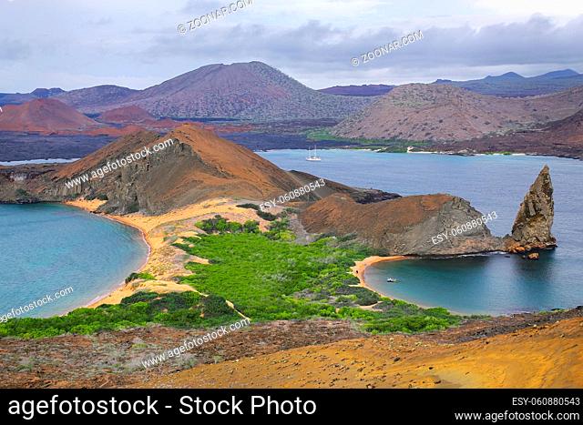 View of Pinnacle Rock on Bartolome island, Galapagos National Park, Ecuador. This island offers some of the most beautiful landscapes in the archipelago
