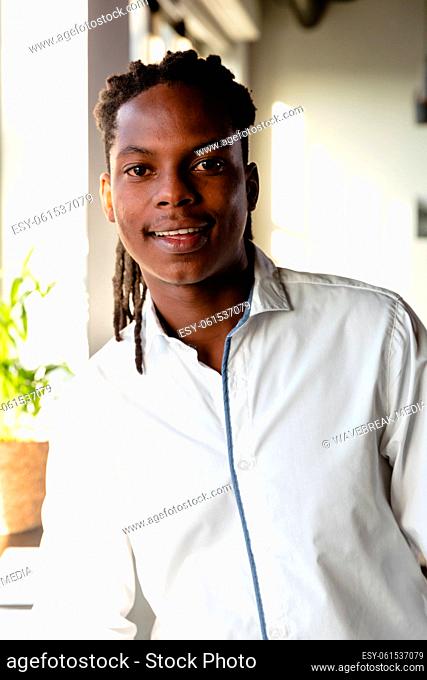 Portrait of smiling african american young businessman with dreadlocks in creative office