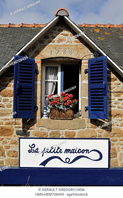 France, Cotes d'Armor, Brehat island, Le Bourg, blue shuttered windows, a stone house built in 1788