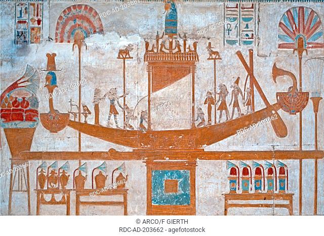 Wall painting of a boat, Temple Sethos, Abydos, Egypt IWandmalerei, Darstellung einer Barke, Tempel Sethos I., Abydos, Aegypten