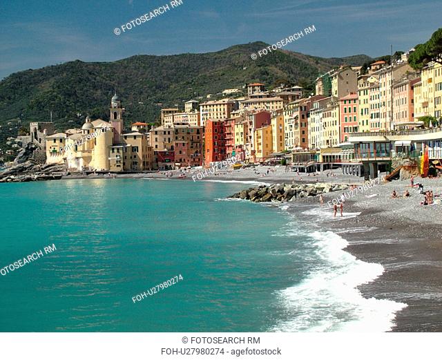 Italy, Camogli, Riviera di Levante, Liguria, Ligurian Riviera, Europe, The beach along the waterfront of the resort town of Camogli along the Ligurian Sea