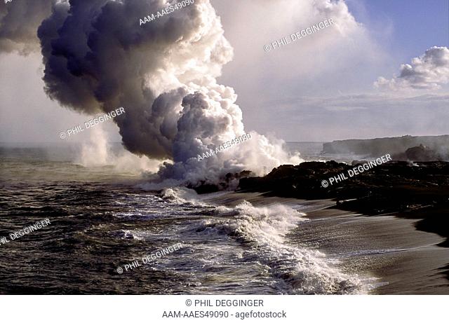 Lava Flow from Kilauea Flowing into the Sea on the East Side of the Island Forming a Plume of Steam and Noxious Gasses, Big Island, Hawaii