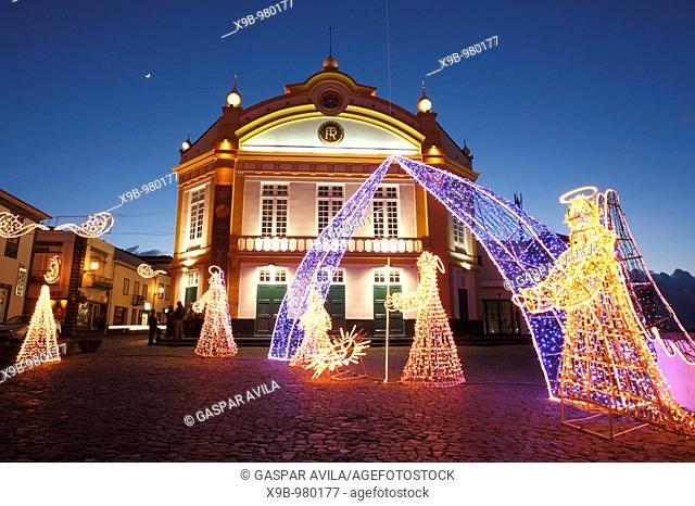 The theater building and some Christmas decorations in the city of Ribeira Grande  Azores islands, Portugal
