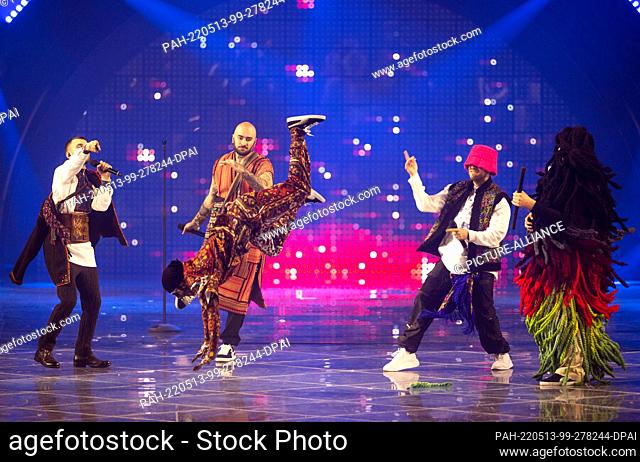 13 May 2022, Italy, Turin: The Kalush Orchestra from Ukraine performs with the title ""Stefania"" at the first dress rehearsal for the final of the Eurovision...