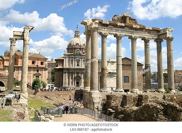 The Forum, Settimo Severo arch, Concordia temple and Saturno's temple. Rome. Lazio. Italy