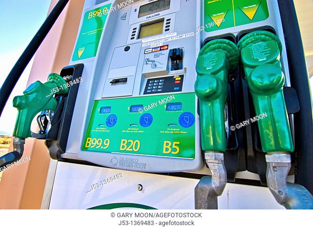 Biodiesel B99 9, B20, B5 pumps at retail fuel station, Minden Nevada