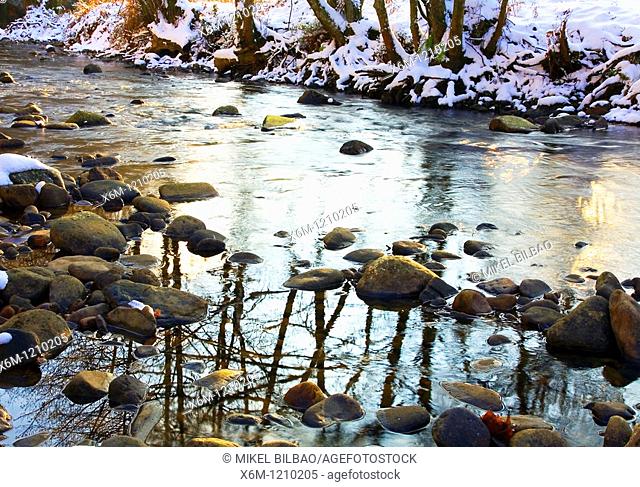 Baias river with snow in winter  Gorbea Natural Park  Alava, Basque Country, Spain, Europe