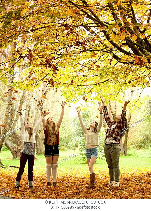 A group of 13 year old teenage girls, throwing leaves into the air, autumn morning, UK