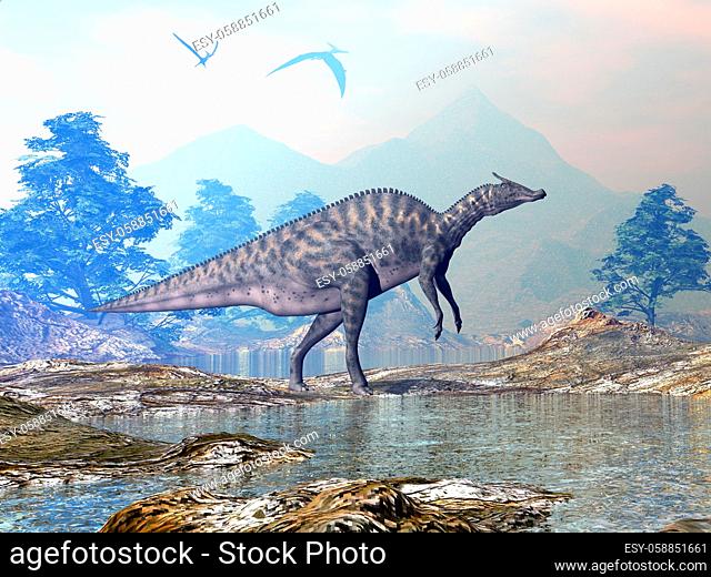 Saurolophus dinosaur walking in a beautiful landscape with mountains and water by sunset - 3D render
