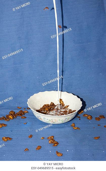 milk falling on a bowl with chocolate cereals