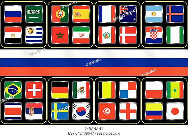 Football World championship groups. Vector country flags. 2018 soccer world tournament in Russia. World football cup. Nations flags info graphic