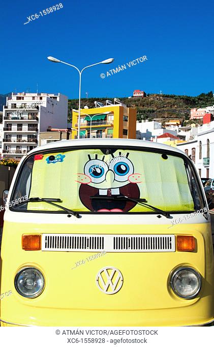 Spongebob car window sun shade, Tazacorte, La Palma, Canary Islands, Spain