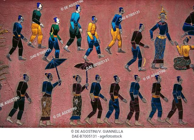 Scenes of everyday life, women with umbrellas, colourful glass mosaic, Wat Xieng Thong Temple, Luang Phrabang (Unesco World Heritage List, 1995), Laos