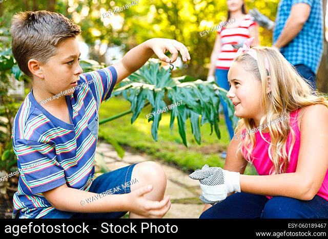 Caucasian son and daughter working in garden with mother and father in background