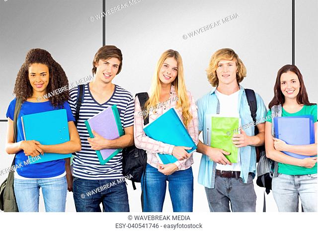 Composite image of happy college students holding folders