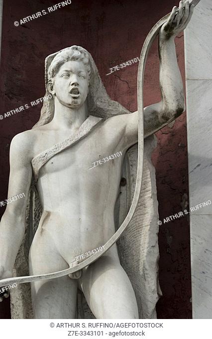 Detail of a marble statue of an athlete in a niche in the Foro Italico (sports complex). Rome, Italy, Europe